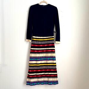 Vintage rainbow striped knit long sleeve sweater lined maxi dress sz P